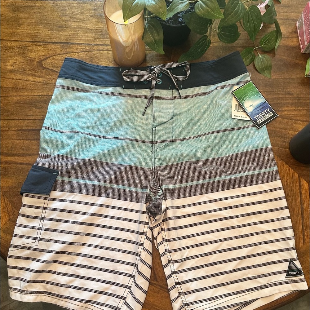Tommy Bahama Men's Blue and White Striped Swim Shorts